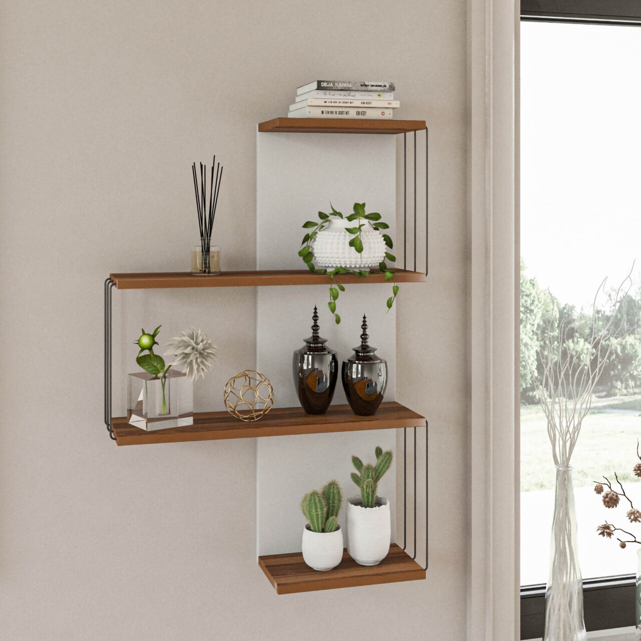 Raft de perete Cambel, Kalune Design, 64x19x96 cm, natural/alb - imagine 4